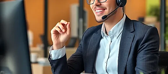 professional consultant talking on phone in modern office, customer service