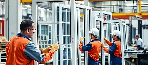 modern window manufacturing factory, workers assembling plastic windows, industrial production