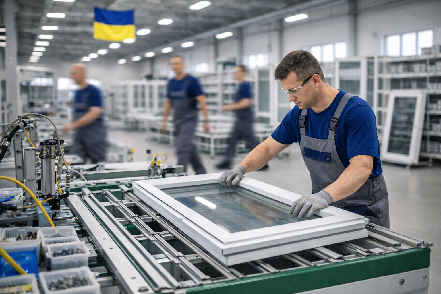 modern window manufacturing factory, workers assembling plastic windows, industrial production