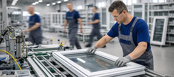 modern window manufacturing factory, workers assembling plastic windows, industrial production