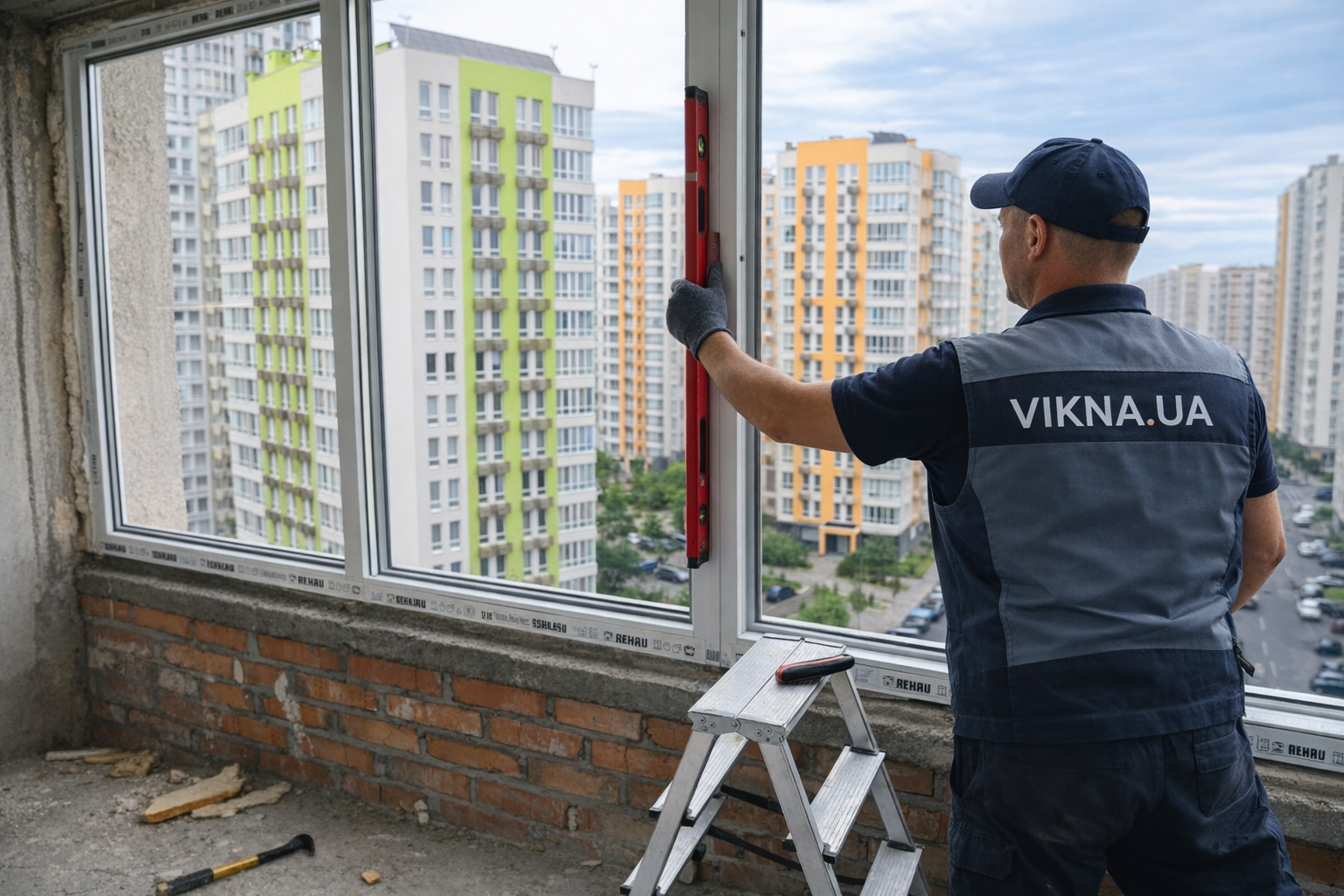 professional window installation, workers installing plastic window in apartment